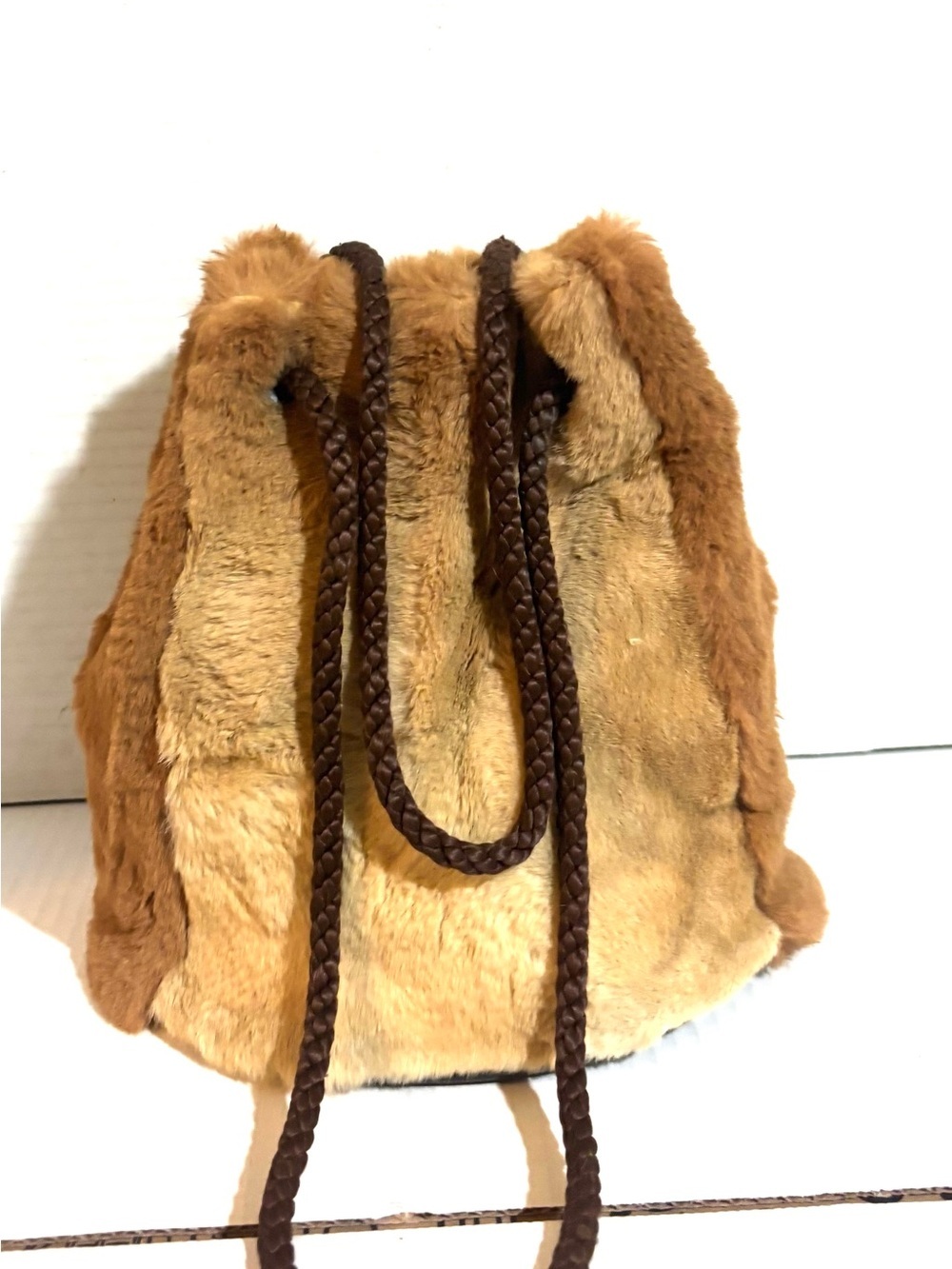 Faux Fur Drawstring Bucket Bag - Brown